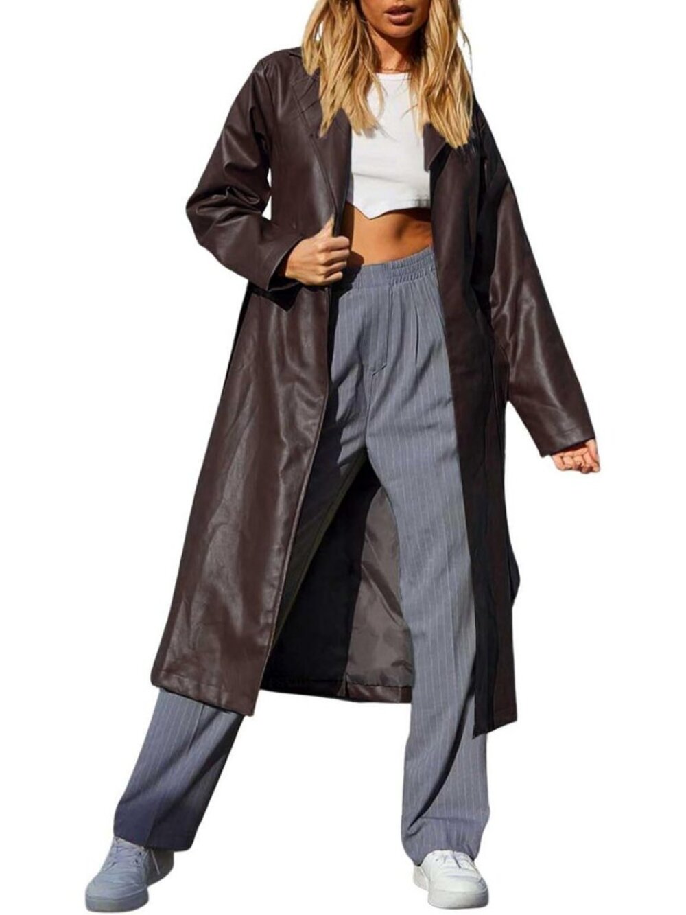 Chic Women's Casual Open Front Faux Leather Trench Coat with Belt - Stylish